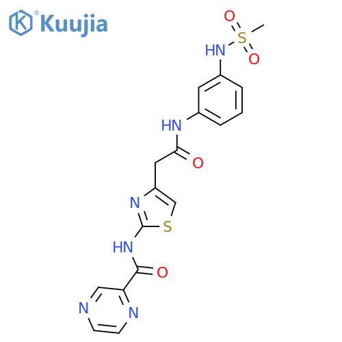 N-(4-{(3-methanesulfonamidophenyl)carbamoylmethyl}-1,3-thiazol-2-yl)pyrazine-2-carboxamide structure