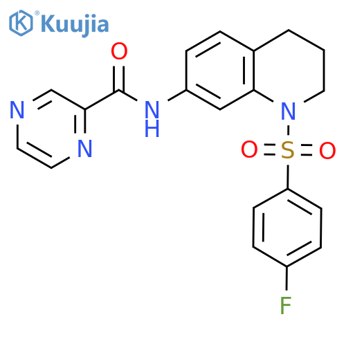 N-1-(4-fluorobenzenesulfonyl)-1,2,3,4-tetrahydroquinolin-7-ylpyrazine-2-carboxamide structure