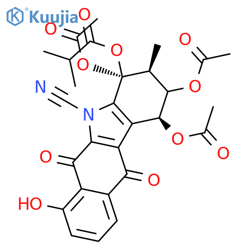 Propanoic acid, 2-methyl-, 1,2,4-tris(acetyloxy)-5-cyano-2,3,4,5,6,11-hexahydro-7-hydroxy-3-methyl-6,11-dioxo-1H-benzo[b]carbazol-4-ylester, [1S-(1a,2b,3a,4a)]- (9CI) structure