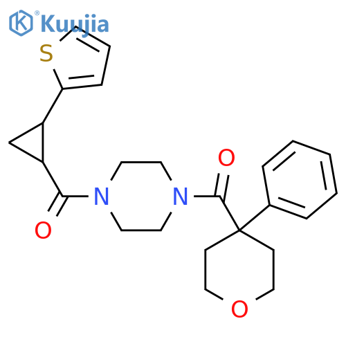 1-(4-phenyloxane-4-carbonyl)-4-2-(thiophen-2-yl)cyclopropanecarbonylpiperazine structure