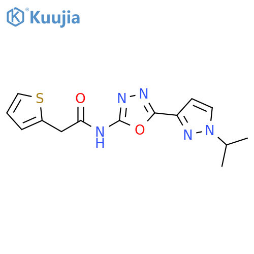 N-{5-1-(propan-2-yl)-1H-pyrazol-3-yl-1,3,4-oxadiazol-2-yl}-2-(thiophen-2-yl)acetamide structure