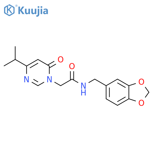 N-(2H-1,3-benzodioxol-5-yl)methyl-2-6-oxo-4-(propan-2-yl)-1,6-dihydropyrimidin-1-ylacetamide structure