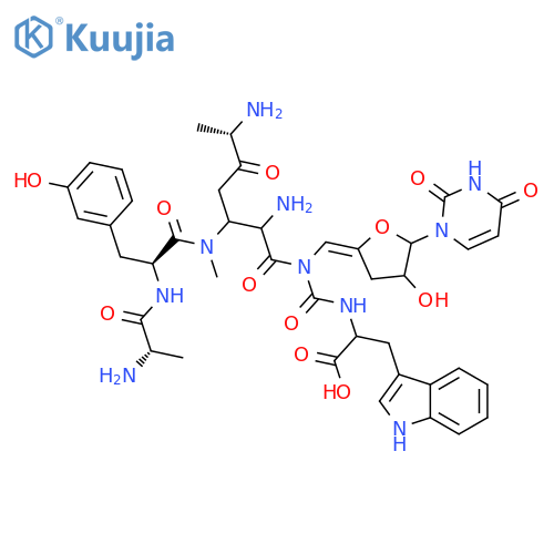 Butanamide,N-[[[(1S)-1-carboxy-2-(1H-indol-3-yl)ethyl]amino]carbonyl]-L-alanyl-N3-(L-alanyl-3-hydroxy-L-phenylalanyl)-2-amino-N-[(Z)-[(4R,5R)-5-(3,4-dihydro-2,4-dioxo-1(2H)-pyrimidinyl)dihydro-4-hydroxy-2(3H)-furanylidene]methyl]-3-(methylamino)-,(2S,3S)- structure