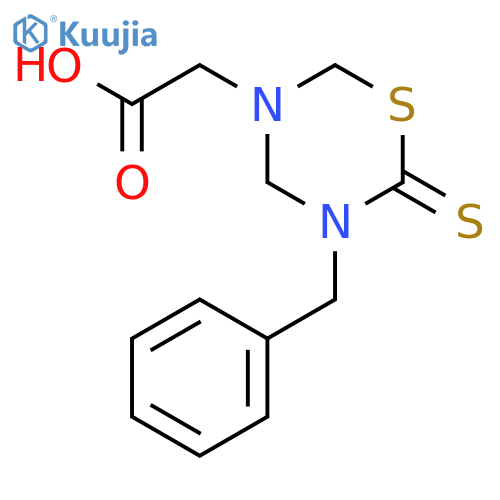 2-(5-benzyl-6-sulfanylidene-1,3,5-thiadiazinan-3-yl)acetic acid structure
