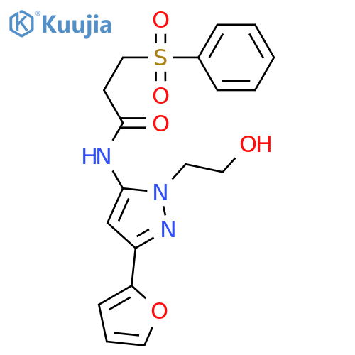 3-(benzenesulfonyl)-N-3-(furan-2-yl)-1-(2-hydroxyethyl)-1H-pyrazol-5-ylpropanamide structure