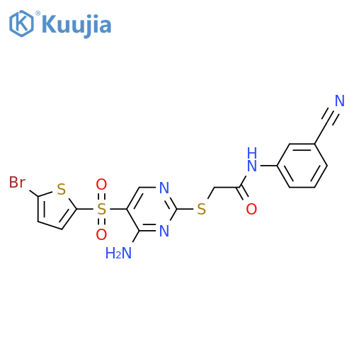 2-({4-amino-5-[(5-bromothiophen-2-yl)sulfonyl]pyrimidin-2-yl}sulfanyl)-N-(3-cyanophenyl)acetamide structure