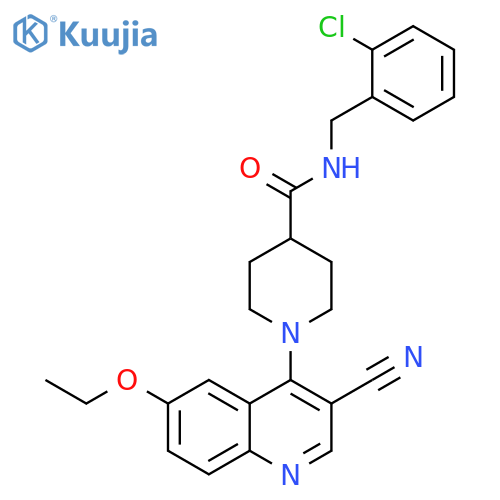 N-[(2-chlorophenyl)methyl]-1-(3-cyano-6-ethoxyquinolin-4-yl)piperidine-4-carboxamide structure