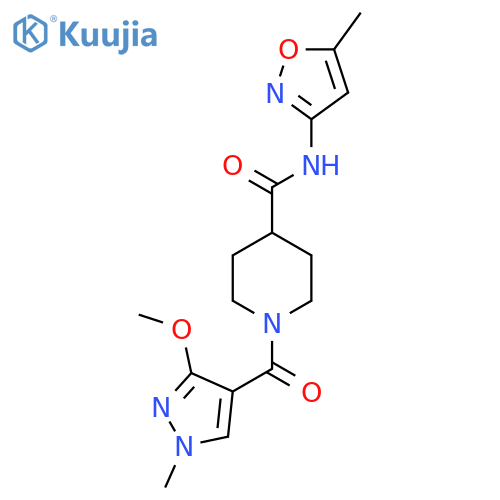 1-(3-methoxy-1-methyl-1H-pyrazole-4-carbonyl)-N-(5-methyl-1,2-oxazol-3-yl)piperidine-4-carboxamide structure
