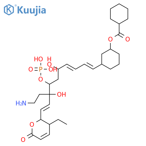 Cyclohexanecarboxylicacid,3-[8-(2-aminoethyl)-10-(3-ethyl-3,6-dihydro-6-oxo-2H-pyran-2-yl)-5,8-dihydroxy-7-(phosphonooxy)-1,3,9-decatrien-1-yl]cyclohexylester structure
