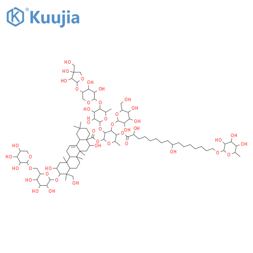 Olean-12-en-28-oicacid, 3-[(6-O-a-L-arabinopyranosyl-b-D-glucopyranosyl)oxy]-2,16,23-trihydroxy-,O-D-apio-b-D-furanosyl-(1&reg;4)-O-b-D-xylopyranosyl-(1&reg;4)-O-6-deoxy-a-L-mannopyranosyl-(1&reg;2)-O-[b-D-glucopyranosyl-(1&reg;3)]-6-deoxy-4-O-[16-[(6-deoxy-a-L-mannopyranosyl)oxy]-2,9-dihydroxy-1-oxohexadecyl]-b-D-galactopyranosyl ester, (2b,3b,4a,16a)- (9CI) structure