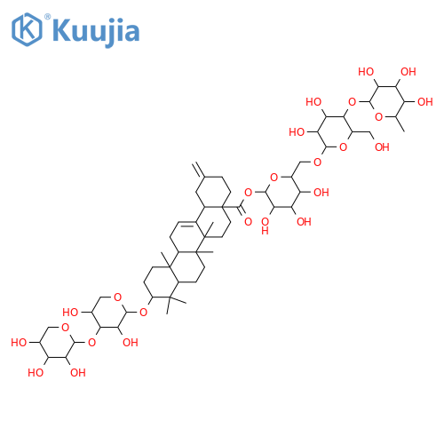 30-Noroleana-12,20(29)-dien-28-oic acid, 3-[(3-O-α-L-arabinopyranosyl-α-L-arabinopyranosyl)oxy]-, O-6-deoxy-α-L-mannopyranosyl-(1→4)-O-β-D-glucopyranosyl-(1→6)-β-D-glucopyranosyl ester, (3β)- structure