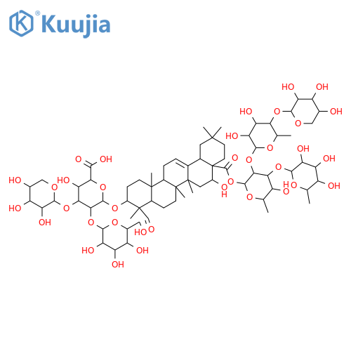 β-D-Glucopyranosiduronic acid, (3β,4α,16α)-28-[(O-6-deoxy-α-L-mannopyranosyl-(1→3)-O-[O-β-D-xylopyranosyl-(1→4)-6-deoxy-α-L-mannopyranosyl-(1→2)]-6-deoxy-β-D-glucopyranosyl)oxy]-16-hydroxy-23,28-dioxoolean-12-en-3-yl O-α-L-arabinopyranosyl-(1→3)-O-[β-D-galactopyranosyl-(1→2)]- (9CI) structure
