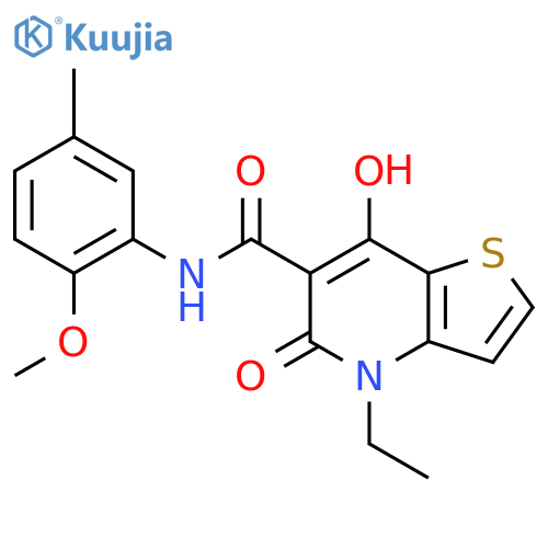 4-ethyl-7-hydroxy-N-(2-methoxy-5-methylphenyl)-5-oxo-4H,5H-thieno3,2-bpyridine-6-carboxamide structure