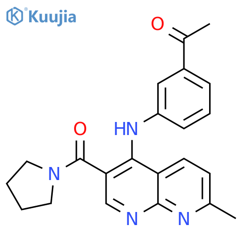 1-(3-{[7-methyl-3-(pyrrolidine-1-carbonyl)-1,8-naphthyridin-4-yl]amino}phenyl)ethan-1-one structure