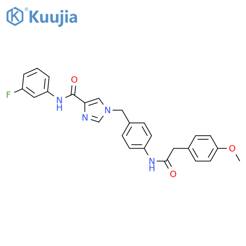 N-(3-fluorophenyl)-1-({4-2-(4-methoxyphenyl)acetamidophenyl}methyl)-1H-imidazole-4-carboxamide structure