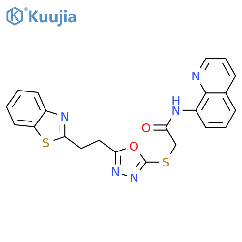 2-({5-[2-(1,3-benzothiazol-2-yl)ethyl]-1,3,4-oxadiazol-2-yl}sulfanyl)-N-(quinolin-8-yl)acetamide structure