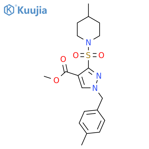 methyl 1-(4-methylphenyl)methyl-3-(4-methylpiperidin-1-yl)sulfonyl-1H-pyrazole-4-carboxylate structure