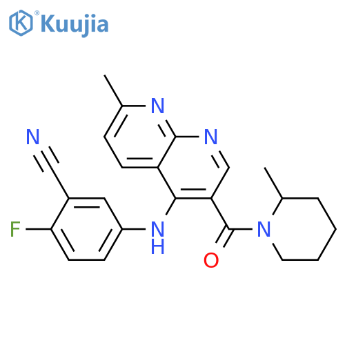 2-fluoro-5-{[7-methyl-3-(2-methylpiperidine-1-carbonyl)-1,8-naphthyridin-4-yl]amino}benzonitrile structure