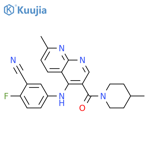 2-fluoro-5-{[7-methyl-3-(4-methylpiperidine-1-carbonyl)-1,8-naphthyridin-4-yl]amino}benzonitrile structure