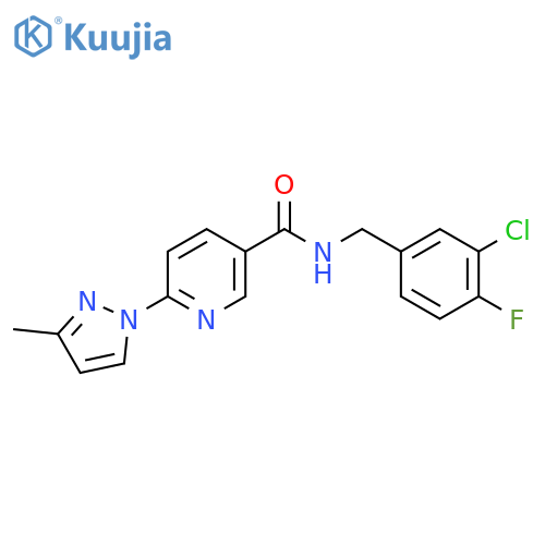 N-(3-chloro-4-fluorophenyl)methyl-6-(3-methyl-1H-pyrazol-1-yl)pyridine-3-carboxamide structure