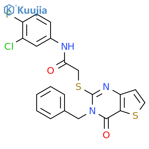 2-({3-benzyl-4-oxo-3H,4H-thieno[3,2-d]pyrimidin-2-yl}sulfanyl)-N-(3-chloro-4-fluorophenyl)acetamide structure