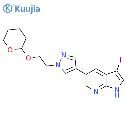 3-Iodo-5-(1-(2-((tetrahydro-2H-pyran-2-YL)oxy)ethyl)-1H-pyrazol-4-YL)-1H-pyrrolo[2,3-B]pyridine structure