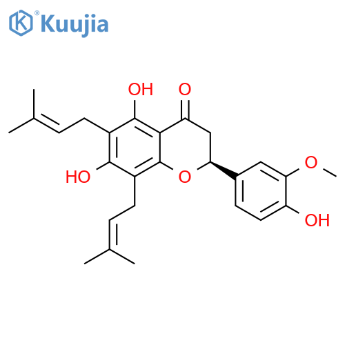 4H-1-Benzopyran-4-one, 2,3-dihydro-5,7-dihydroxy-2-(4-hydroxy-3-methoxyphenyl)-6,8-bis(3-methyl-2-buten-1-yl)-, (2S)- structure
