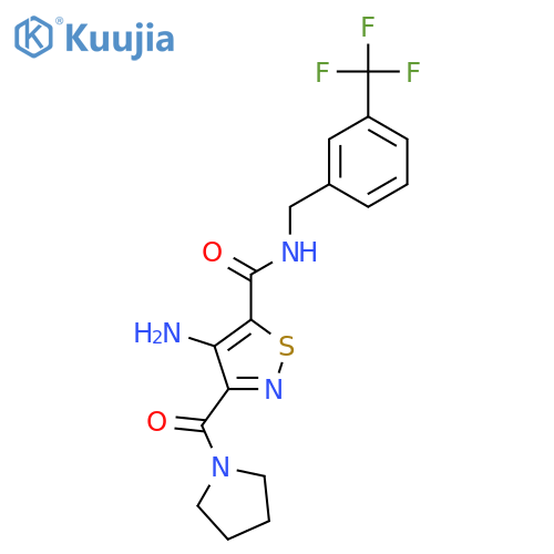 4-amino-3-(pyrrolidine-1-carbonyl)-N-{3-(trifluoromethyl)phenylmethyl}-1,2-thiazole-5-carboxamide structure