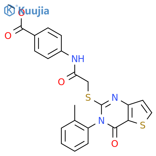methyl 4-(2-{[3-(2-methylphenyl)-4-oxo-3H,4H-thieno[3,2-d]pyrimidin-2-yl]sulfanyl}acetamido)benzoate structure