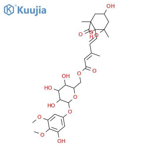 5,13-Epoxy-3,6-dihydroxycyclofarnesa-7,9-dien-11-oic acid; (3S,5R,6S,7E,9Z)-form, 13-Oxo(lactone), 11-O-[(3-hydroxy-4,5-dimethoxyphenyl)-(→1)-β-D-glucopyranos-6-yl] ester structure