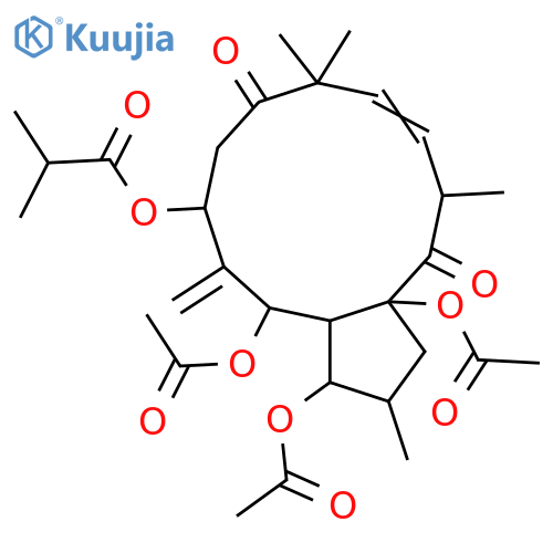 3,5,7,9,15-Pentahydroxy-6(17),11-jatrophadien-14-one; (2β,3β,5α,7β,9α,11E,13α,15β)-form, 9-Ketone, 7-O-(2-methylpropanoyl), 3,5,15-tri-Ac structure