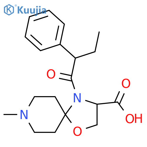 8-Methyl-4-(2-phenylbutanoyl)-1-oxa-4,8-diazaspiro[4.5]decane-3-carboxylic acid structure