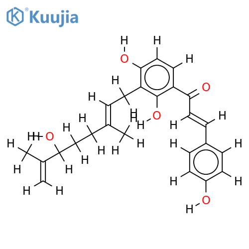 2',4',4-trihydroxy-3'-[6-hydroxy-3,7-dimethyl-2(E),7-octadienyl]chalcone structure