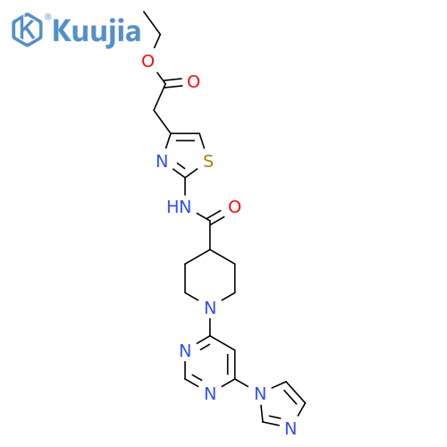 ethyl 2-(2-{1-6-(1H-imidazol-1-yl)pyrimidin-4-ylpiperidine-4-amido}-1,3-thiazol-4-yl)acetate structure