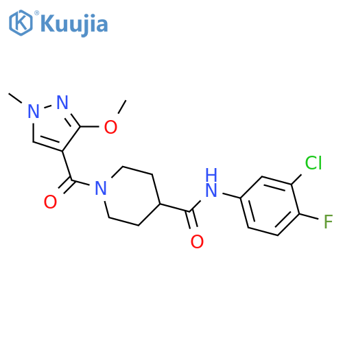 N-(3-chloro-4-fluorophenyl)-1-(3-methoxy-1-methyl-1H-pyrazole-4-carbonyl)piperidine-4-carboxamide structure