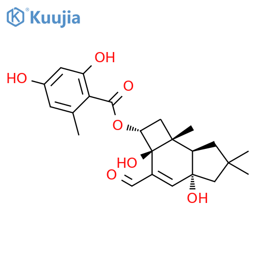 Benzoic acid,2,4-dihydroxy-6-methyl-,(2R,2aS,4aR,7aR,7bR)-3-formyl-2,2a,4a,5,6,7,7a,7b-octahydro-2a,4a-dihydroxy-6,6,7b-trimethyl-1H-cyclobut[e]inden-2-ylester, rel-(+)- structure
