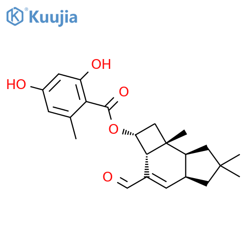 Benzoic acid,2,4-dihydroxy-6-methyl-,(2R,2aR,4aS,7aS,7bR)-3-formyl-2,2a,4a,5,6,7,7a,7b-octahydro-6,6,7b-trimethyl-1H-cyclobut[e]inden-2-ylester, rel-(+)- structure