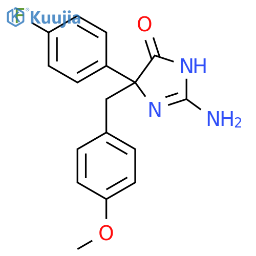 2-amino-5-(4-fluorophenyl)-5-[(4-methoxyphenyl)methyl]-4,5-dihydro-1H-imidazol-4-one structure
