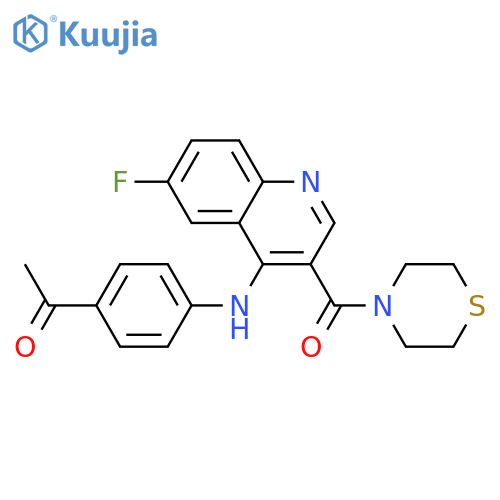 1-(4-{[6-fluoro-3-(thiomorpholine-4-carbonyl)quinolin-4-yl]amino}phenyl)ethan-1-one structure