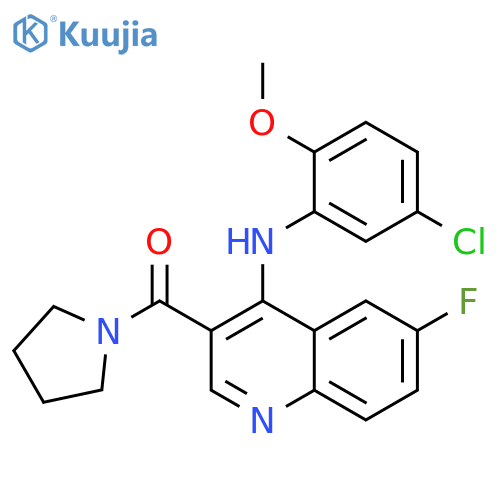 N-(5-chloro-2-methoxyphenyl)-6-fluoro-3-(pyrrolidine-1-carbonyl)quinolin-4-amine structure