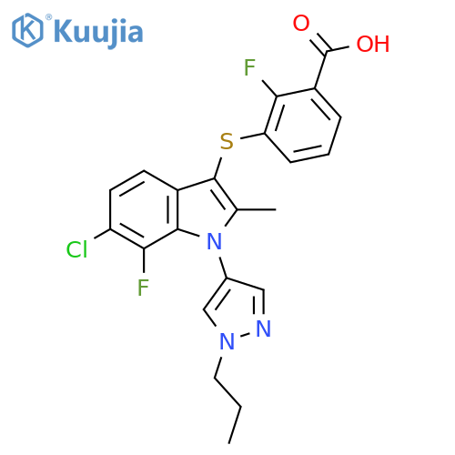 3-((6-Chloro-7-fluoro-2-methyl-1-(1-propyl-1H-pyrazol-4-yl)-1H-indol-3-yl)thio)-2-fluorobenzoic acid structure