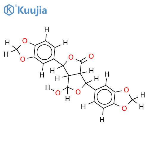 (+)-4-oxo-8-hydroxy-2,6-di(3,4-methylenedioxy)phenyl-3,7-dioxabicyclo[3.3.0]octane structure