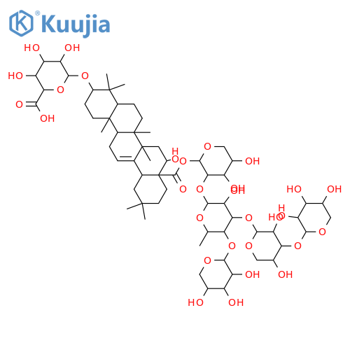 β-D-Glucopyranosiduronic acid, (3β,16α)-16-hydroxy-28-oxo-28-[(O-β-D-xylopyranosyl-(1→4)-O-[O-β-D-xylopyranosyl-(1→3)-β-D-xylopyranosyl-(1→3)]-O-6-deoxy-α-L-mannopyranosyl-(1→2)-β-D-xylopyranosyl)oxy]olean-12-en-3-yl structure