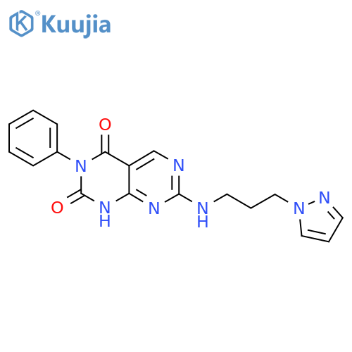 3-phenyl-7-{3-(1H-pyrazol-1-yl)propylamino}-1H,2H,3H,4H-1,3diazino4,5-dpyrimidine-2,4-dione structure