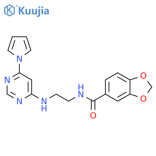 N-(2-{[6-(1H-pyrrol-1-yl)pyrimidin-4-yl]amino}ethyl)-2H-1,3-benzodioxole-5-carboxamide structure
