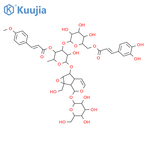 b-D-Glucopyranoside,6-[[6-deoxy-3-O-[6-O-[3-(3,4-dihydroxyphenyl)-1-oxo-2-propenyl]-b-D-glucopyranosyl]-4-O-[3-(4-methoxyphenyl)-1-oxo-2-propenyl]-a-L-mannopyranosyl]oxy]-1a,1b,2,5a,6,6a-hexahydro-1a-(hydroxymethyl)oxireno[4,5]cyclopenta[1,2-c]pyran-2-yl,[1aS-[1aa,1bb,2b,5ab,6b[E(E)],6aa]]- (9CI) structure
