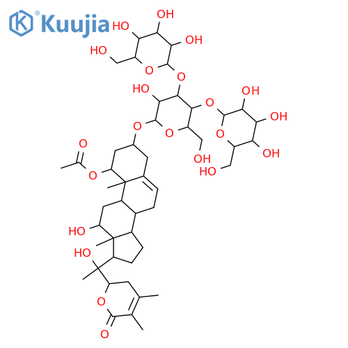 Ergosta-5,24-dien-26-oicacid, 1-(acetyloxy)-3-[(O-b-D-glucopyranosyl-(1&reg;3)-O-[b-D-glucopyranosyl-(1&reg;4)]-b-D-glucopyranosyl)oxy]-12,20,22-trihydroxy-, d-lactone, (1a,3b,12b,22R)- (9CI) structure
