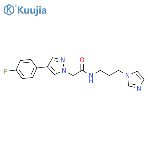2-[4-(4-fluorophenyl)-1H-pyrazol-1-yl]-N-[3-(1H-imidazol-1-yl)propyl]acetamide structure