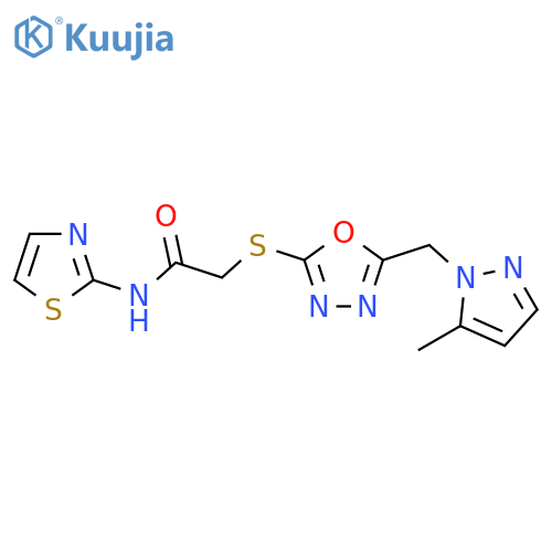 2-({5-(5-methyl-1H-pyrazol-1-yl)methyl-1,3,4-oxadiazol-2-yl}sulfanyl)-N-(1,3-thiazol-2-yl)acetamide structure