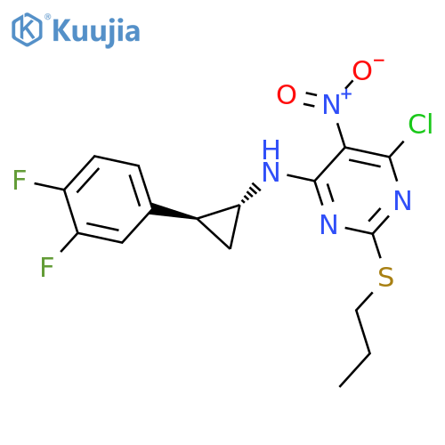 6-Chloro-N-(1R,2S)-2-(3,4-difluorophenyl)cyclopropyl-5-nitro-2-(propylthio)-4-pyrimidinamine structure